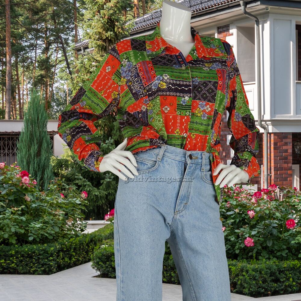 Retro Boho Patchwork Floral Hippie Shirt XL Vintage Chic